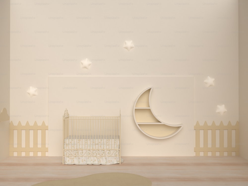 a nursery room with a crib and stars on the wall