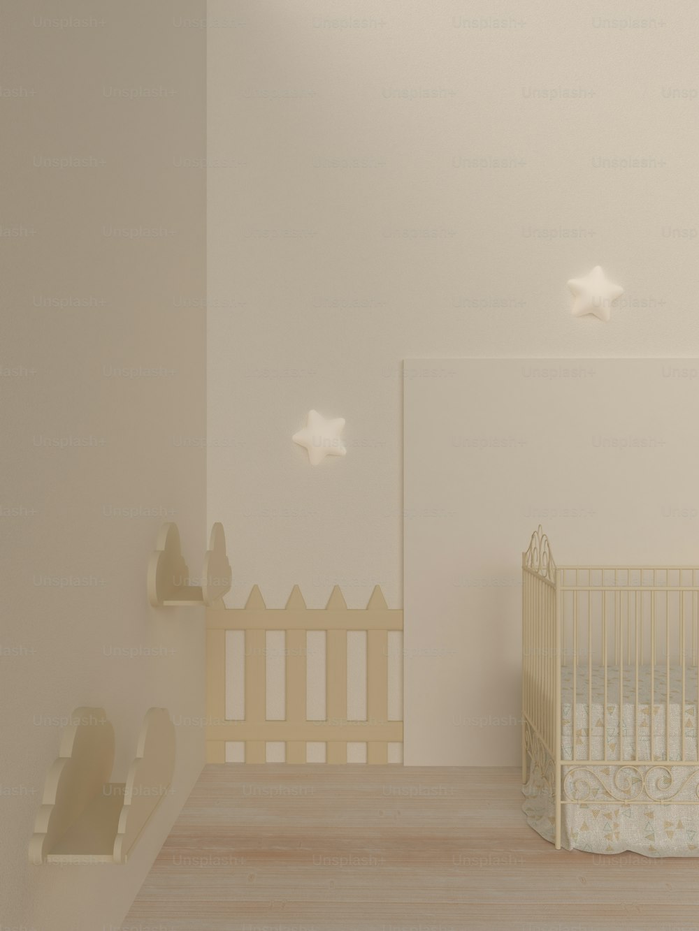a baby's room with a crib and shelves