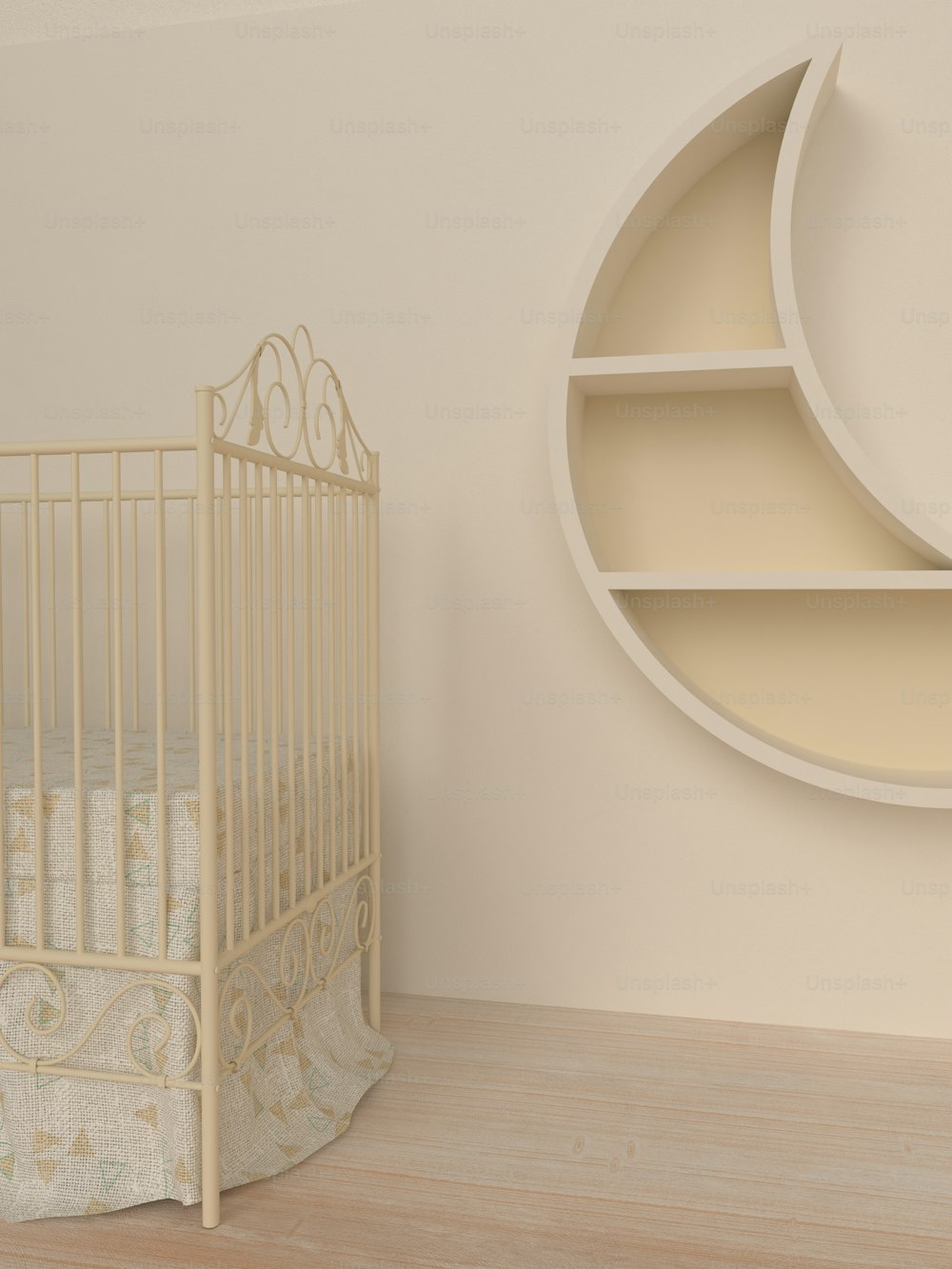 a baby crib next to a book shelf