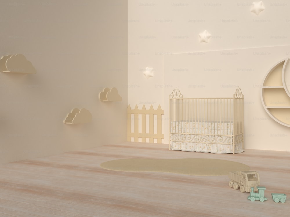 a baby's room with a crib and a toy truck