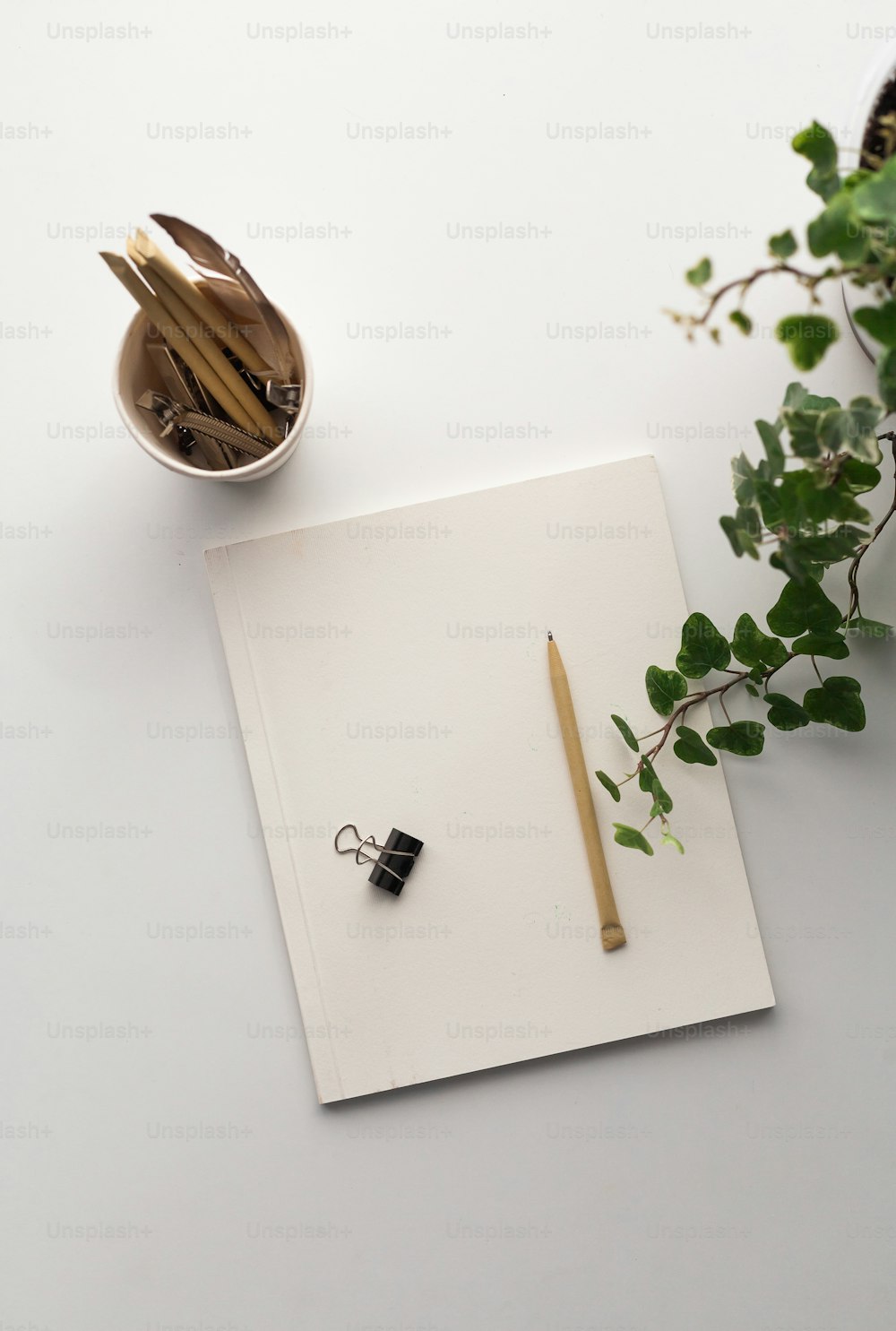 un bloc-notes avec un stylo, un crayon et une plante