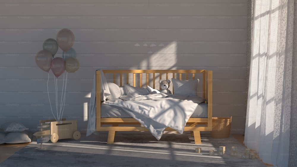 a bedroom with a bed and balloons in the air