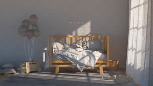 ein Schlafzimmer mit einem Bett und Luftballons in der Luft