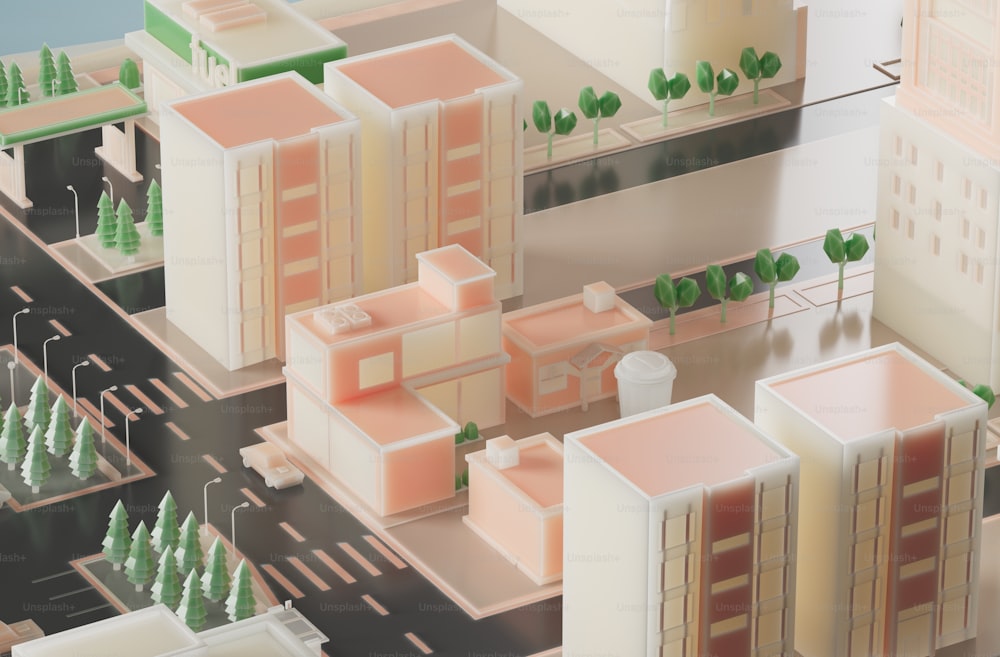 a stylized image of a city with buildings and trees