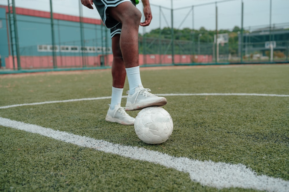 a soccer player kicking a soccer ball on a field