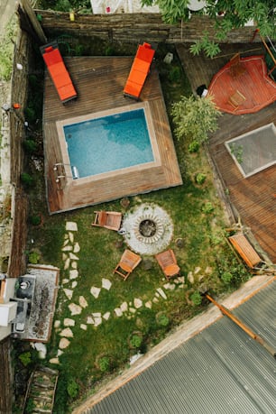 an aerial view of a backyard with a pool