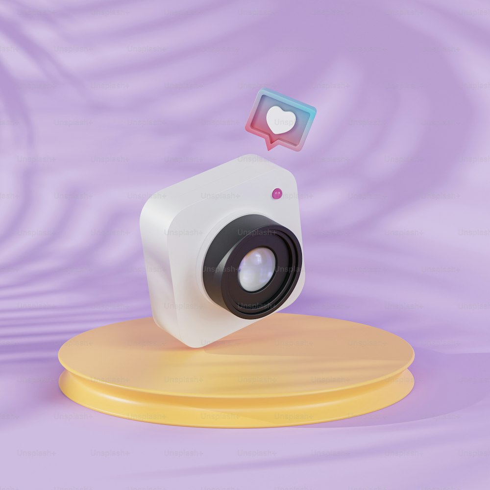 a white camera sitting on top of a wooden stand