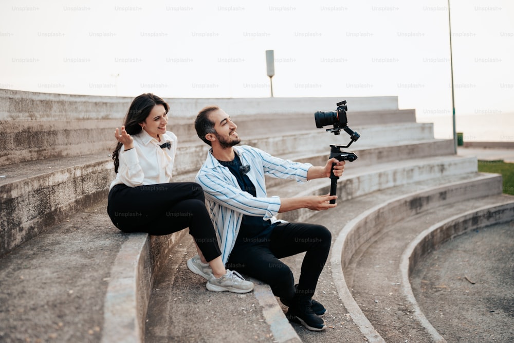 um homem tirando uma foto de uma mulher com uma câmera