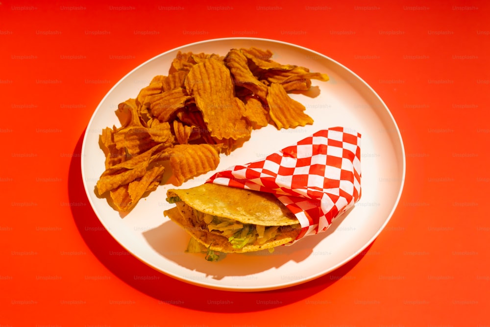 a white plate topped with a sandwich and chips