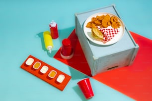 um prato de comida sentado em cima de uma caixa