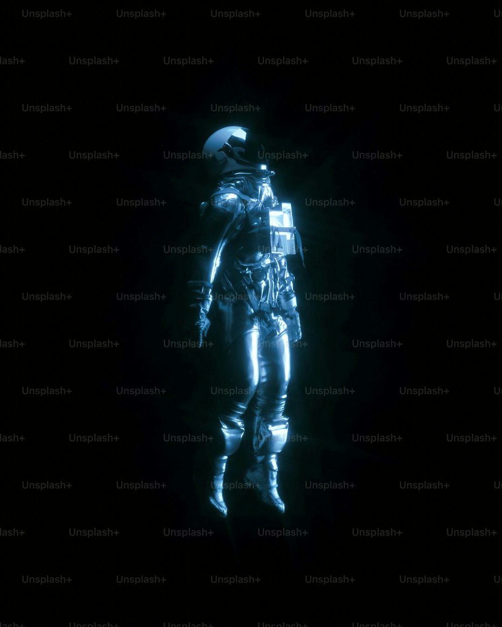 a man in a space suit standing in the dark