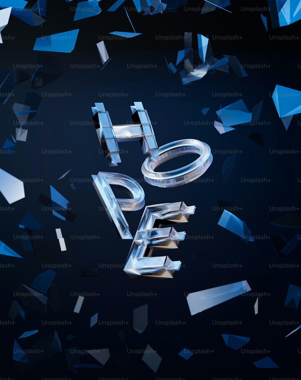 Uma imagem 3D da palavra esperança cercada por objetos azuis e prateados