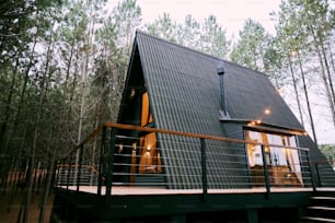 a small cabin in the middle of a forest