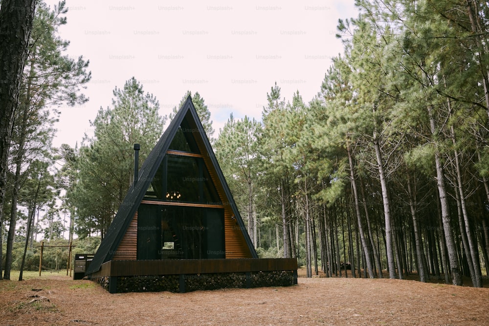 a - frame cabin in the middle of a pine forest