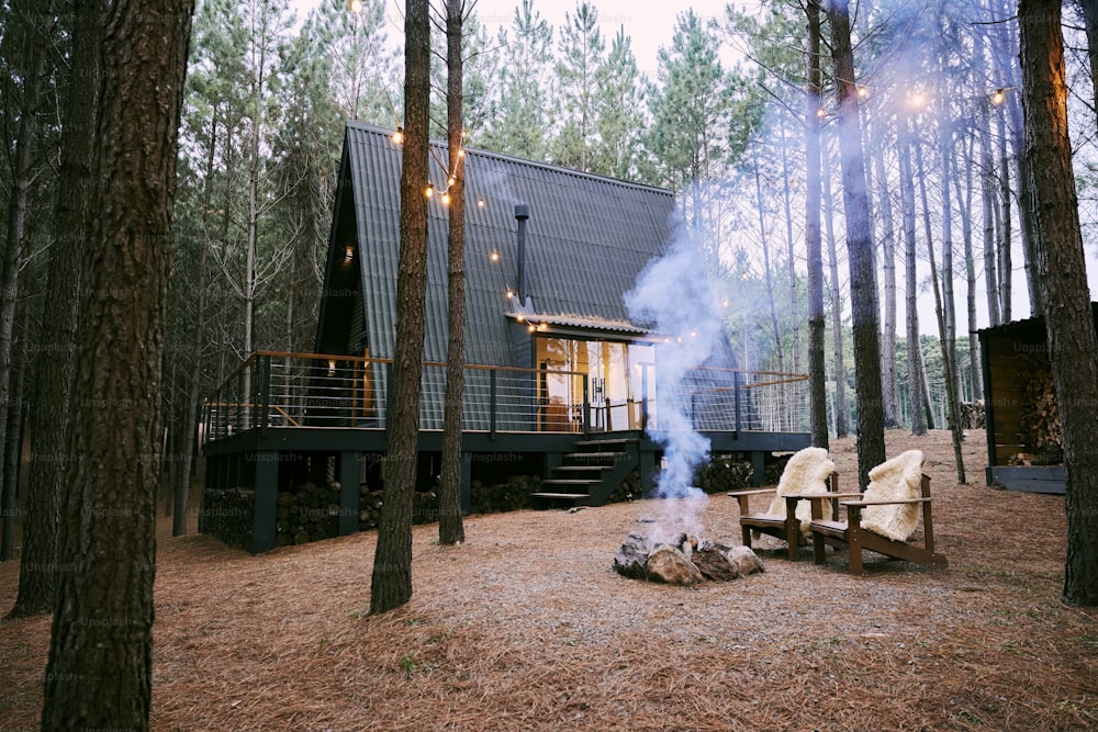 uma pequena cabana na floresta com uma fogueira