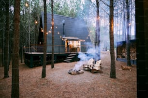 Una pequeña cabaña en el bosque con un pozo de fuego