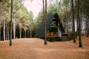 a tent in the middle of a forest with stairs leading up to it