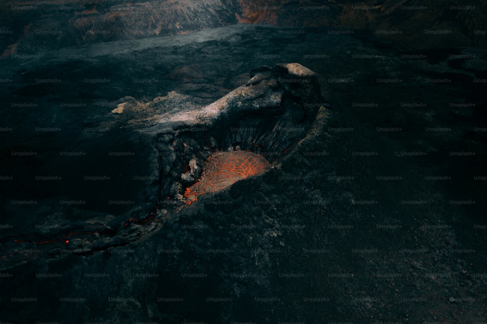 an aerial view of a lava flow in a volcano