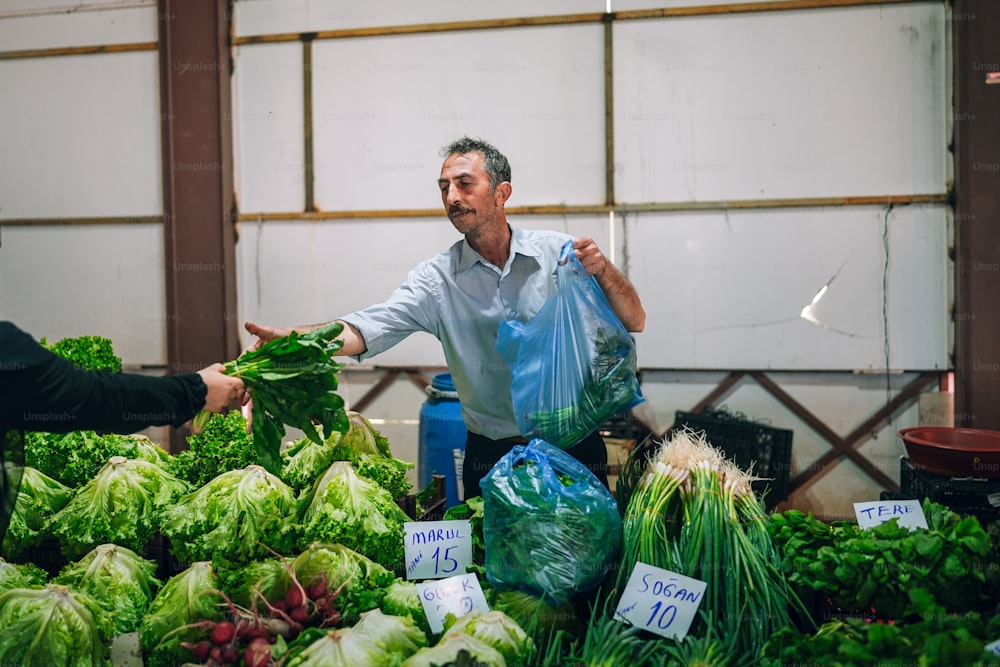 a couple of men standing next to a pile of lettuce