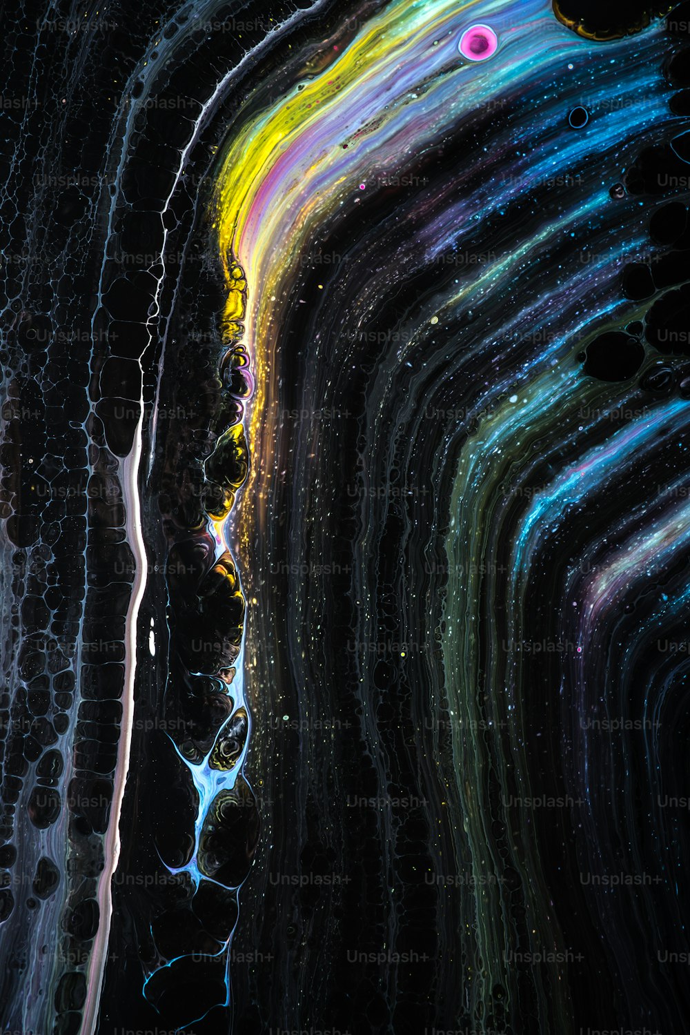 an abstract painting of a black background with multicolored lines