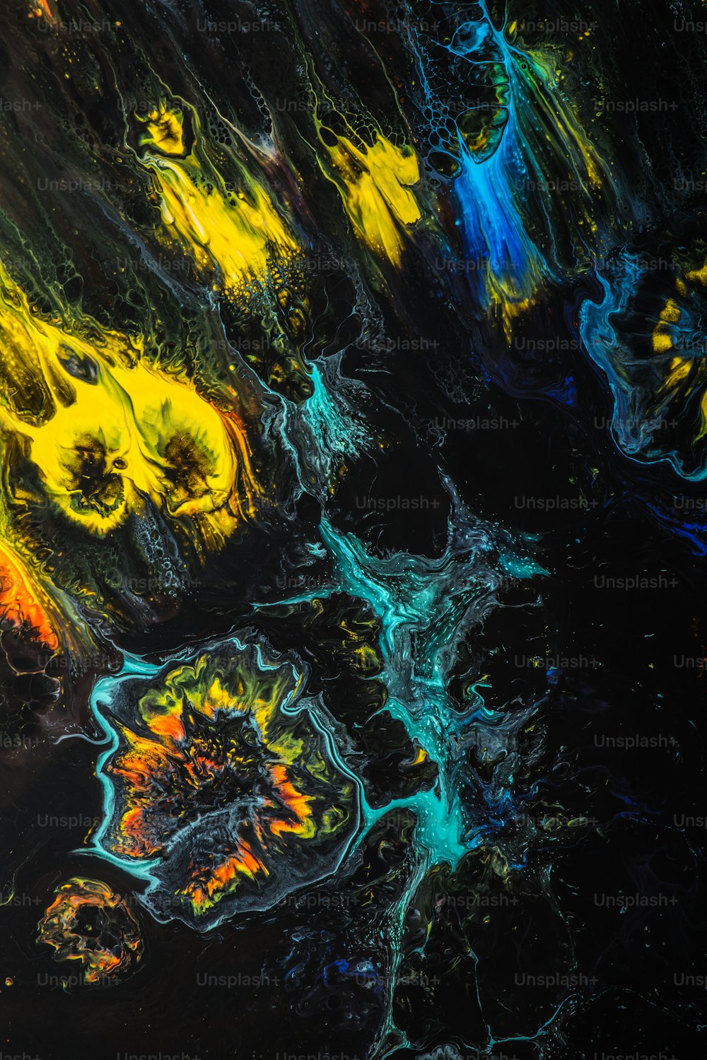 an abstract painting of yellow and blue colors