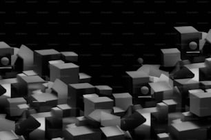 Una foto en blanco y negro de un montón de cubos