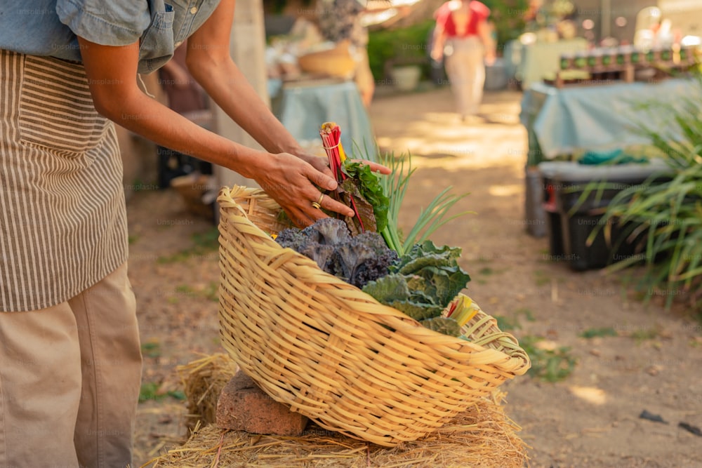 a person holding a basket full of vegetables