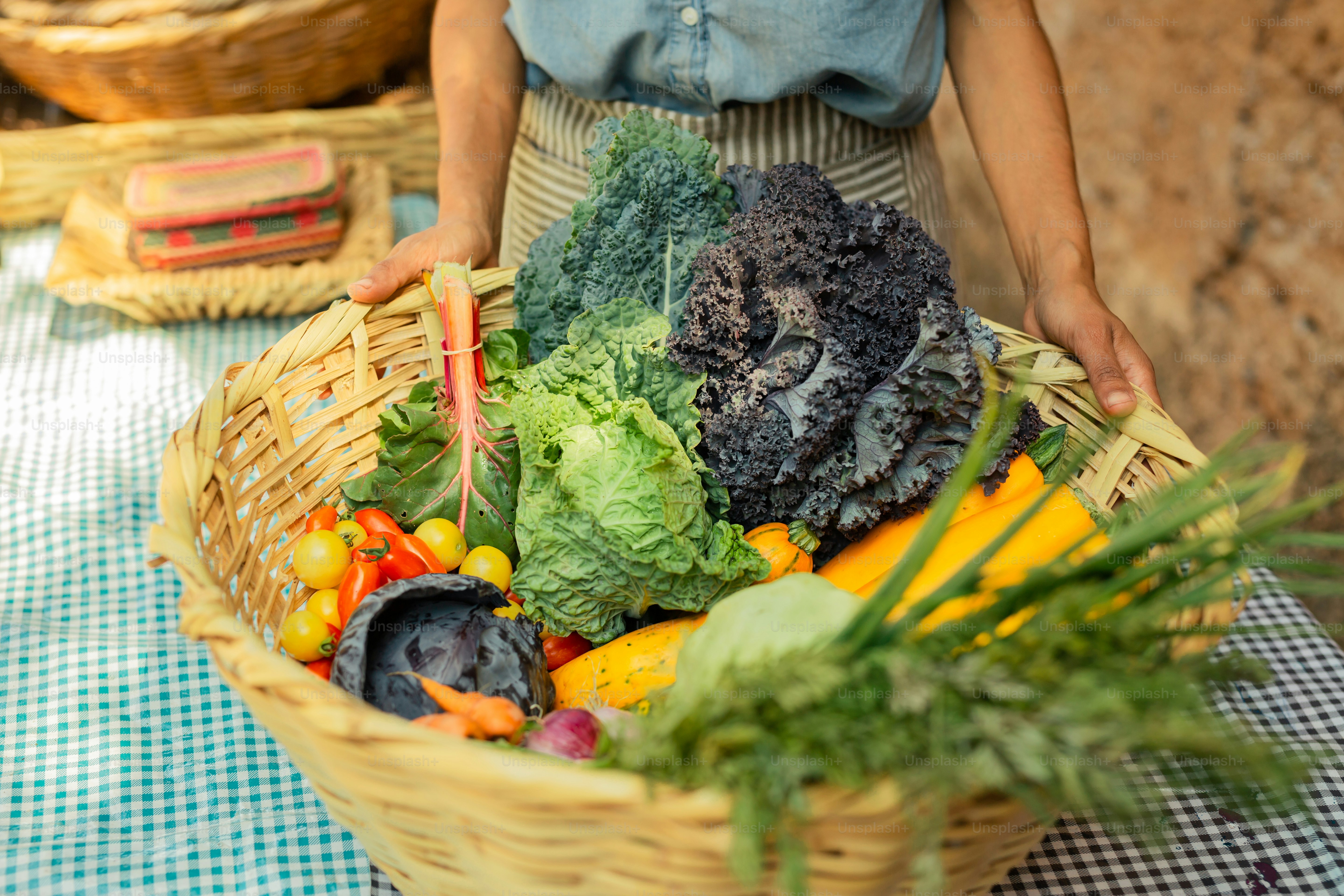 A woman holding a basket full of vegetables photo – Small business ...