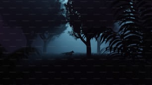 Un chien solitaire debout au milieu d’une forêt la nuit