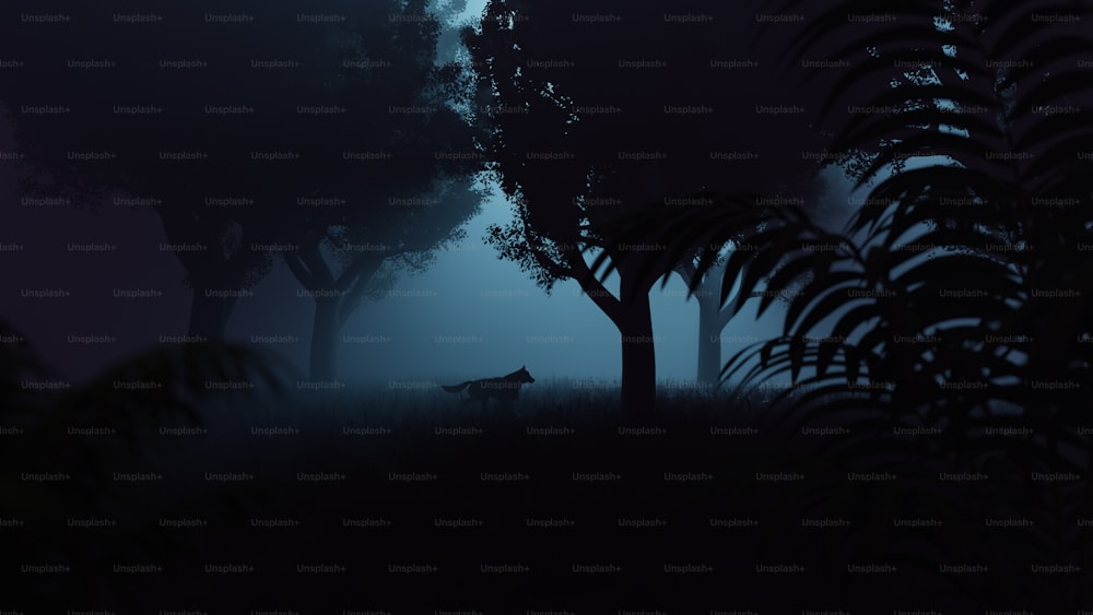 a lone dog standing in the middle of a forest at night