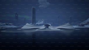 uma cidade flutuante futurista no meio de um corpo de água