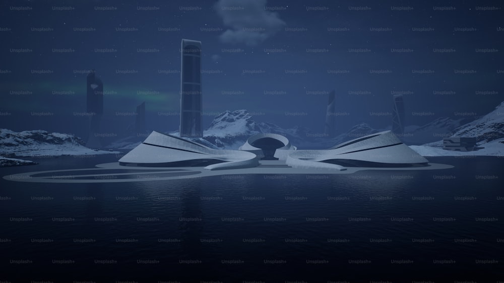 a futuristic floating city in the middle of a body of water