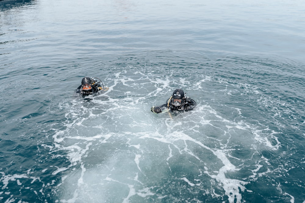 duas pessoas em trajes de mergulho na água