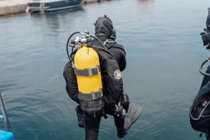 스쿠버 슈트를 입은 사람이 다이빙 장치에 서 있습니다