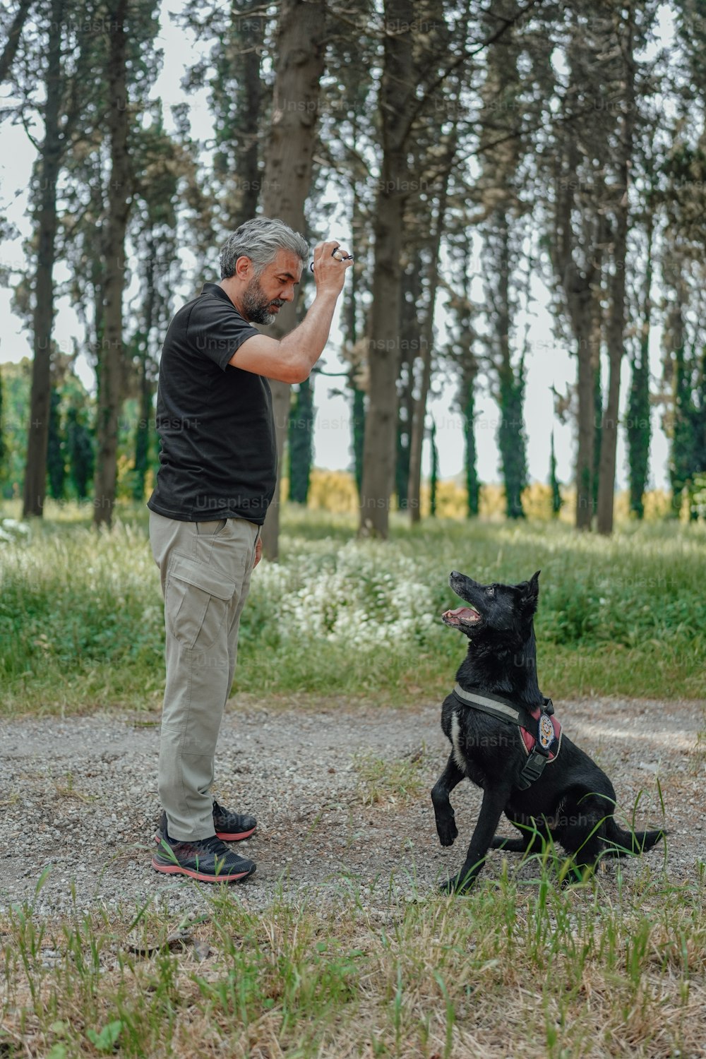 Un hombre parado junto a un perro negro en la cima de un campo
