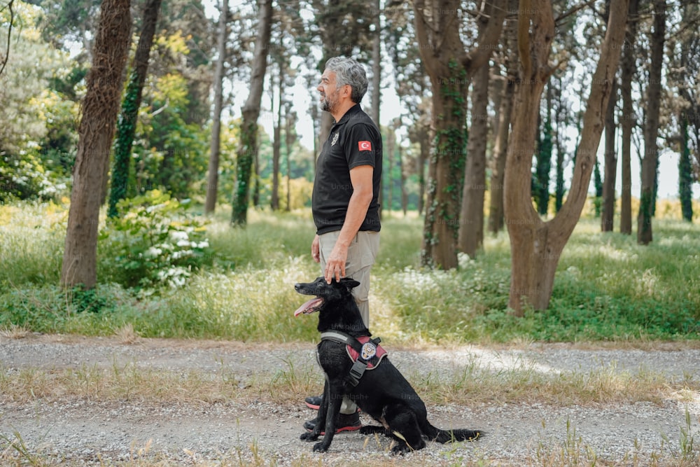 a man standing next to two dogs in a forest