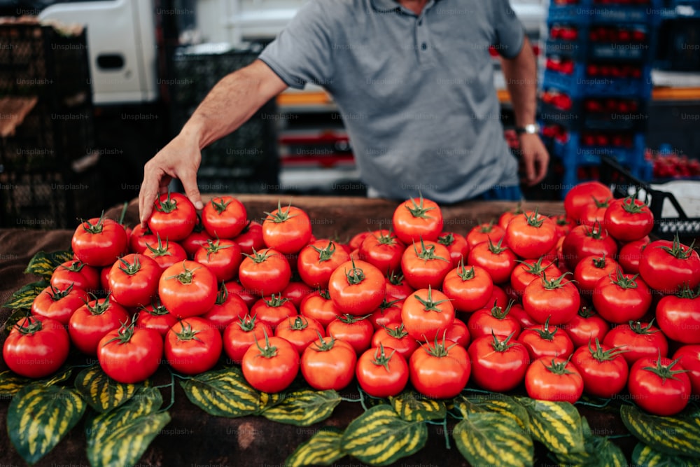 a man standing next to a pile of red tomatoes