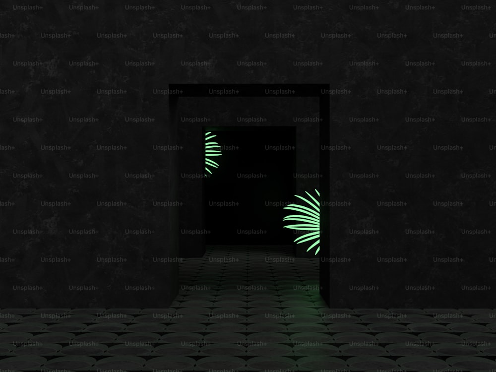 a dark room with a green door and a plant