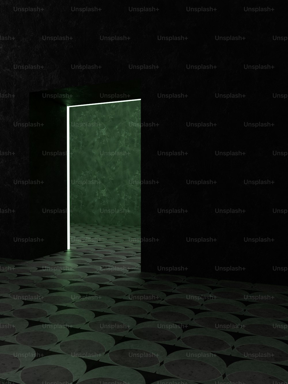 an open door in a dark room with circles on the floor