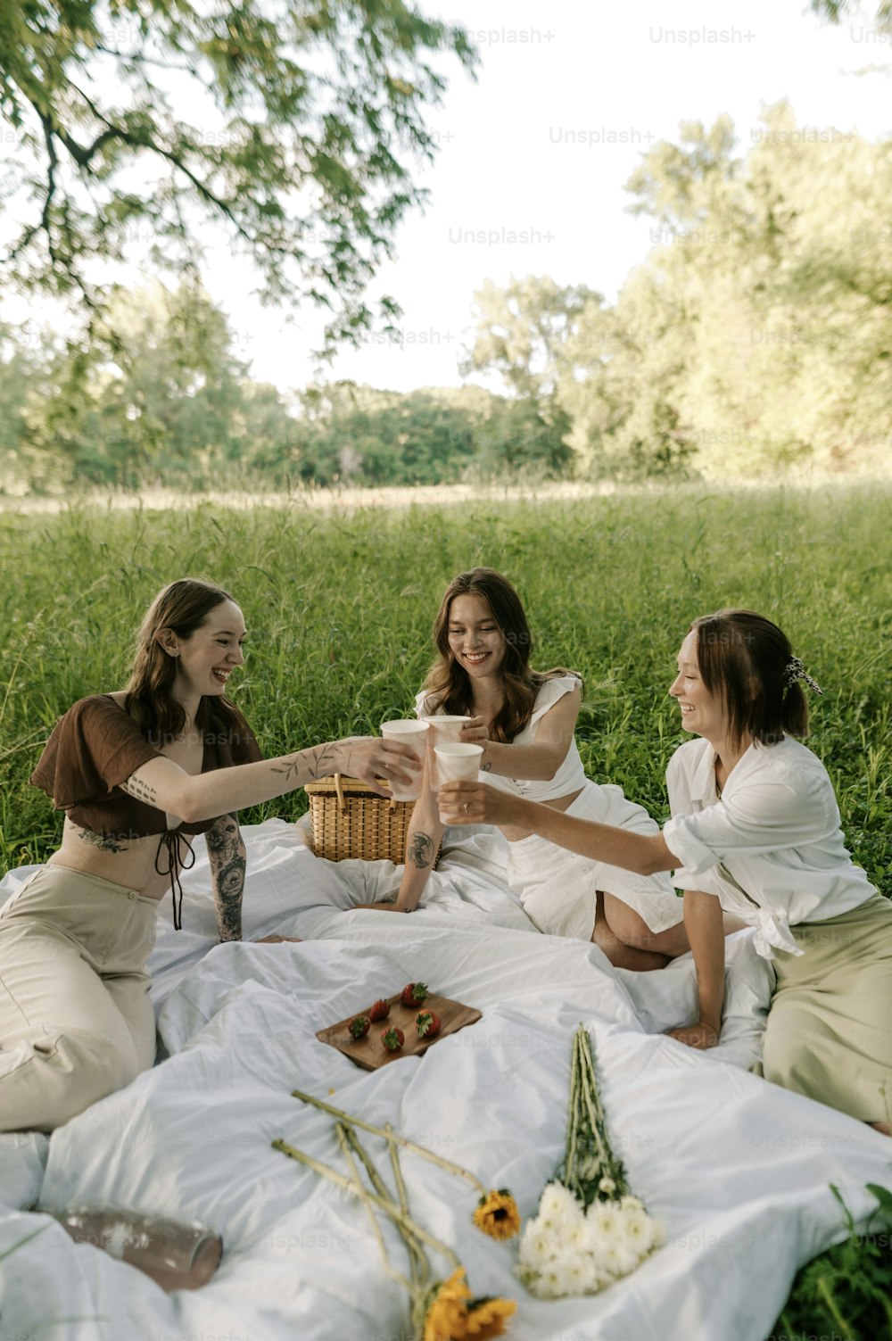 um grupo de mulheres sentadas em cima de um campo verde exuberante