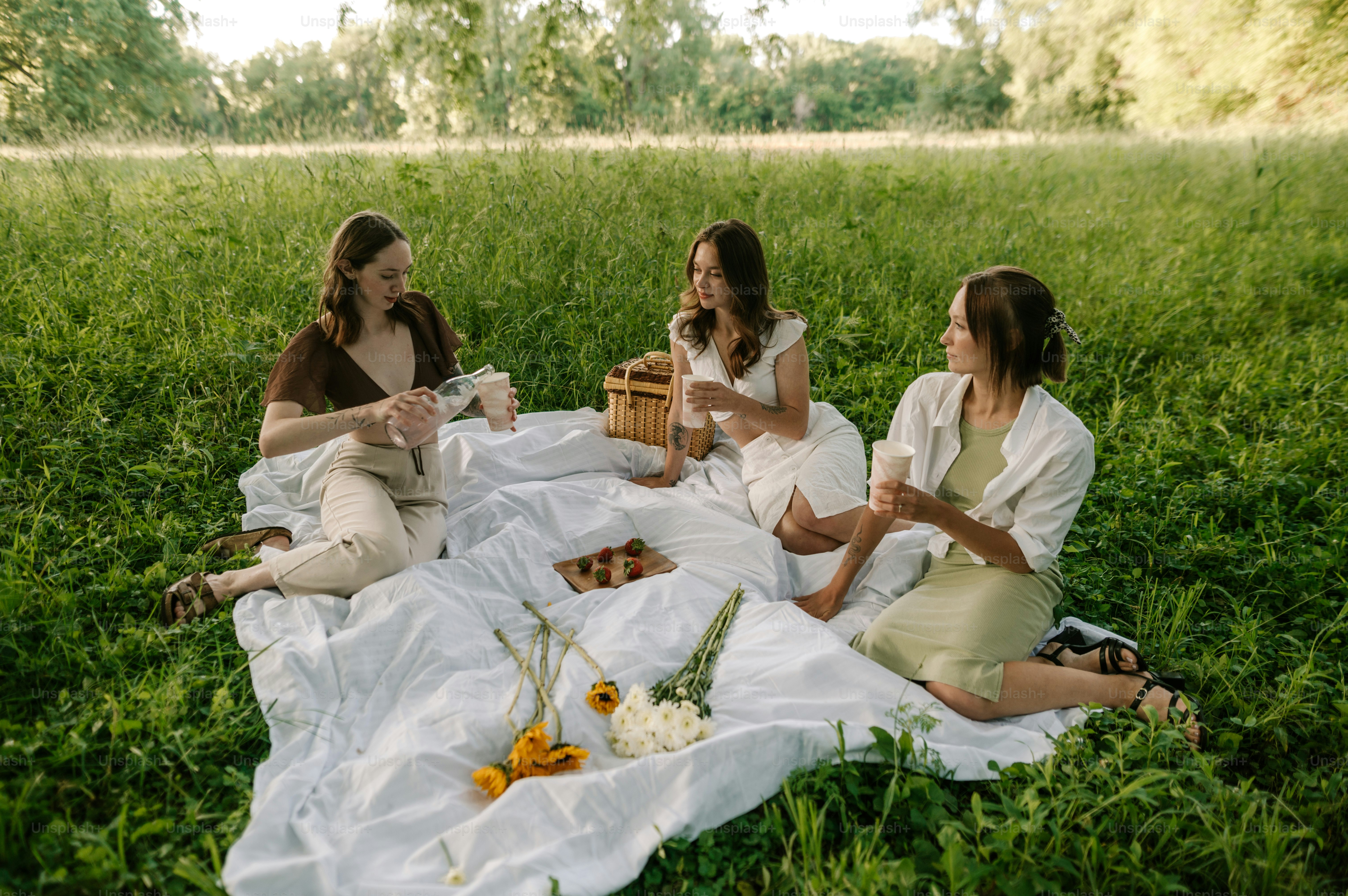 eine gruppe von frauen, die auf einer üppigen grünen wiese sitzen