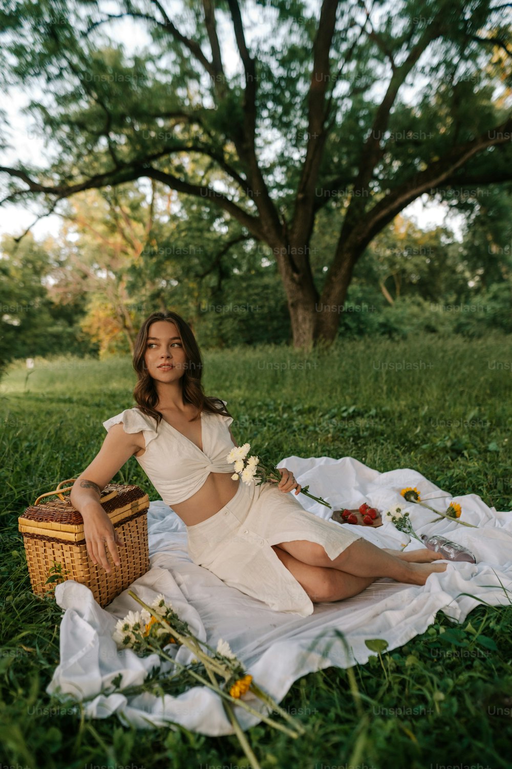 a woman sitting on a blanket in the grass