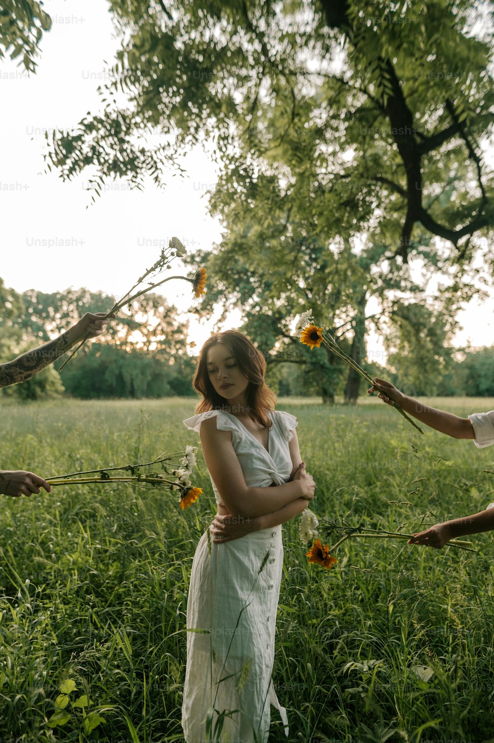 野原に立つ白いドレスを着た女性