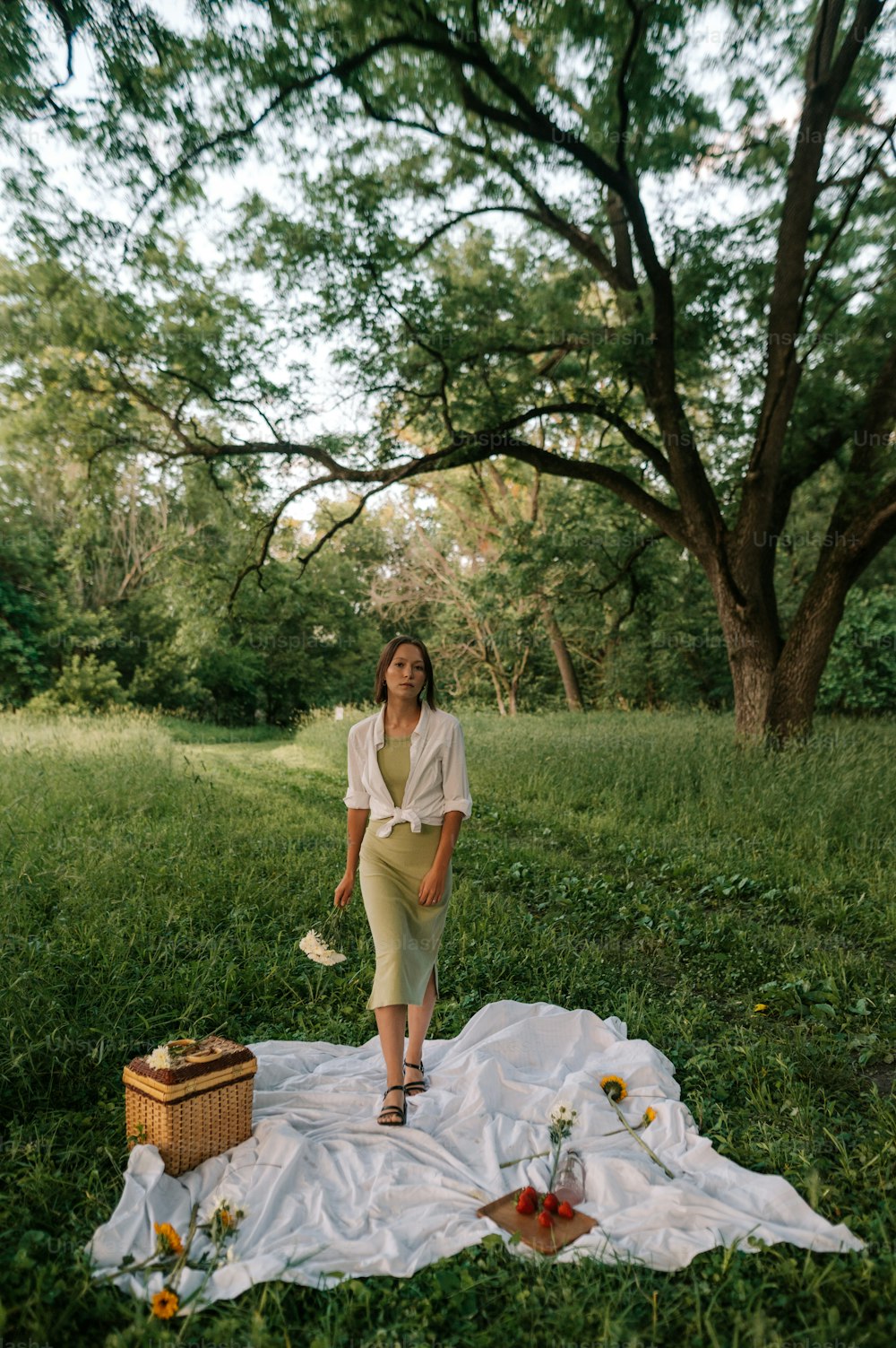 Una mujer sentada sobre una manta en un campo