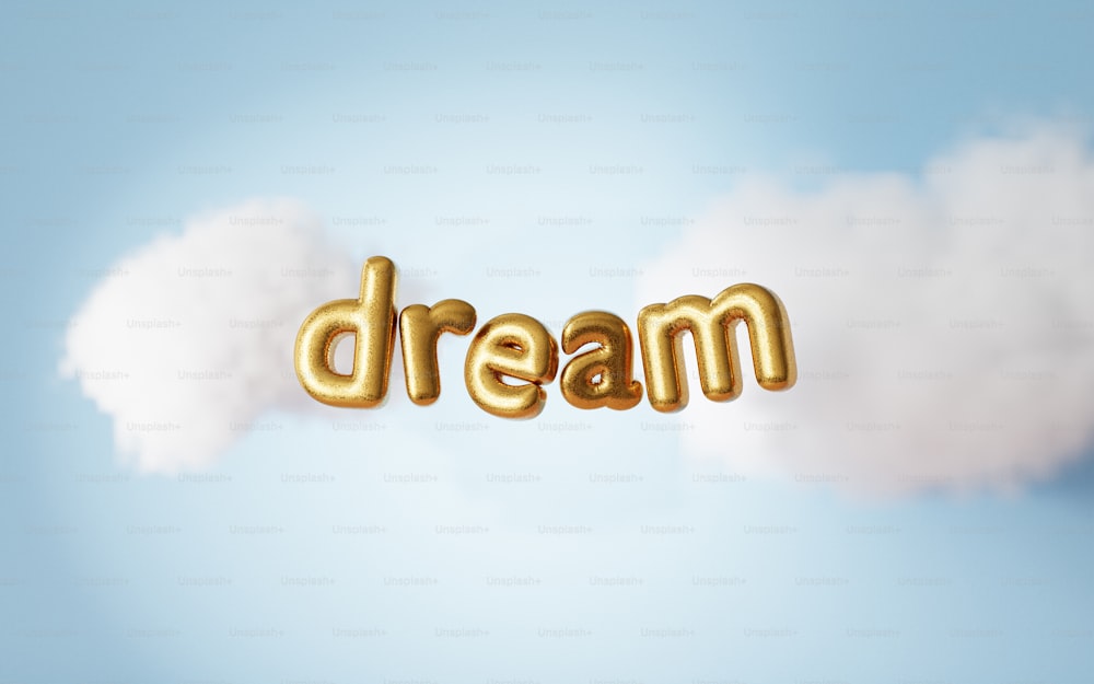 Le mot rêve épelé avec des ballons d’or dans le ciel