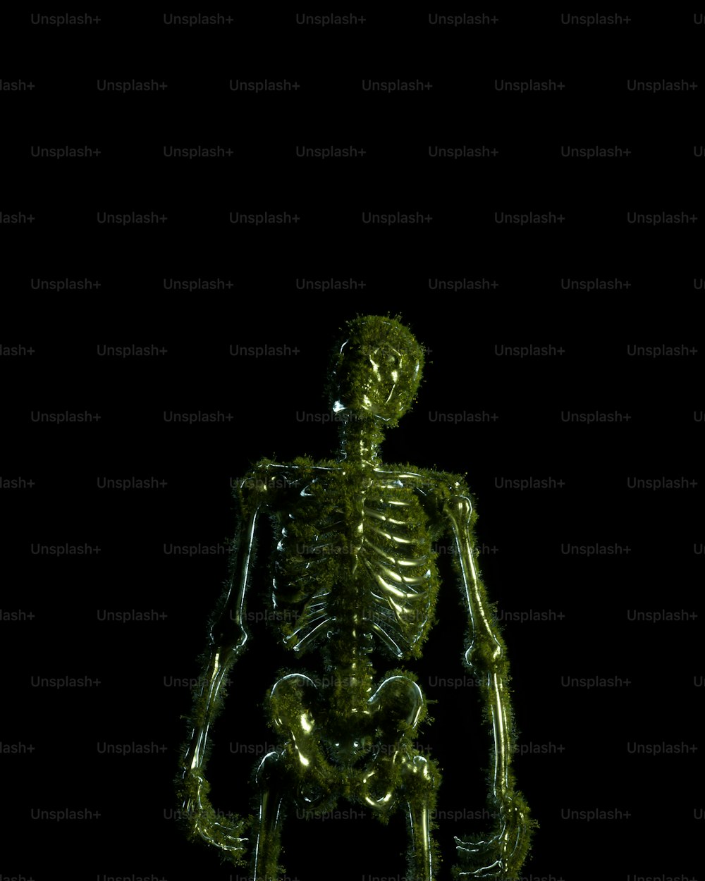 ein Skelett, das in der Mitte eines dunklen Raumes sitzt