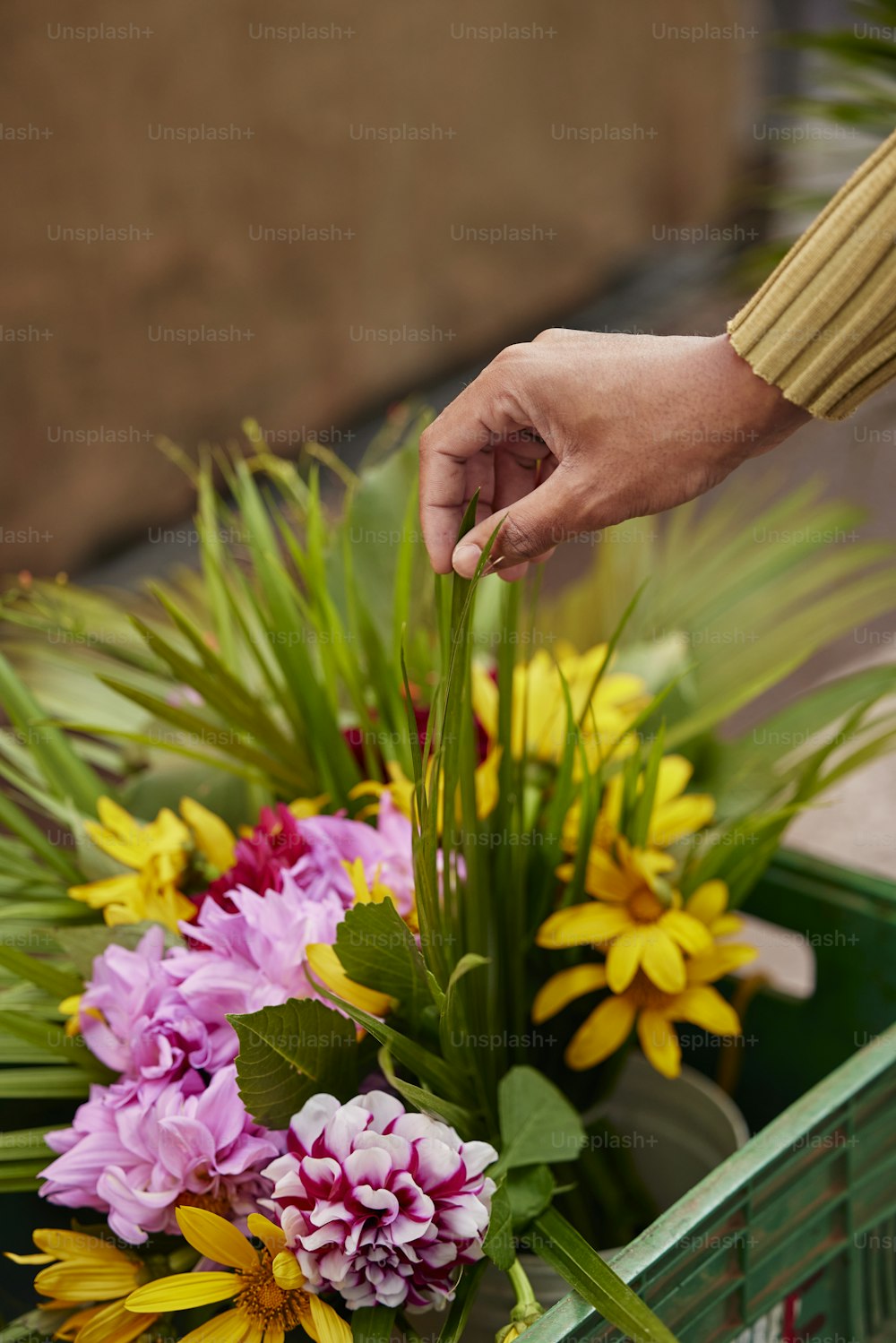 a person putting flowers in a green container