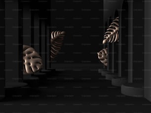 um corredor escuro com uma fileira de colunas