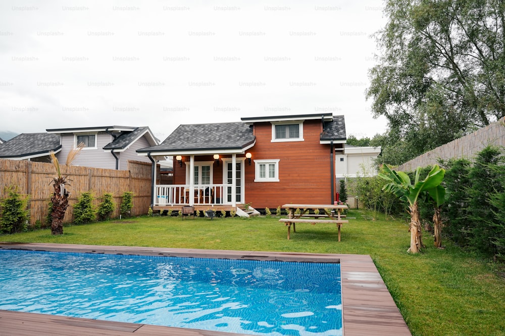 un cortile con piscina e una casa