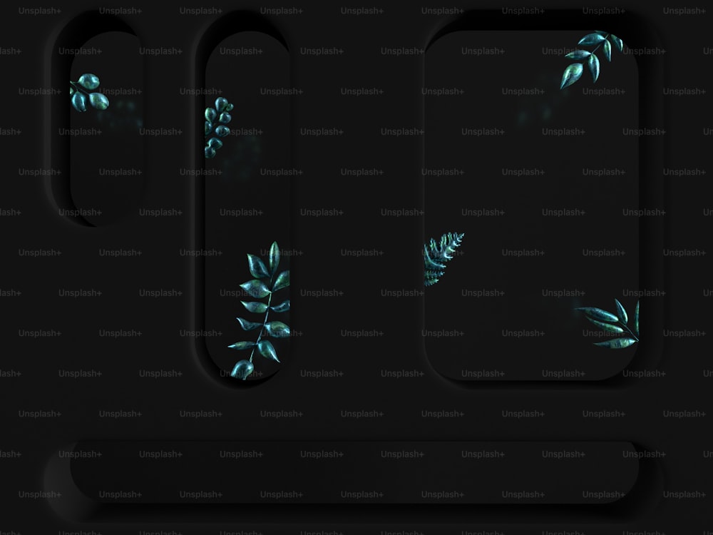 a black background with green leaves on it